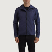 
Nærmynd of Classic Collar & Zipper With Inside Wind Flap. Hardware on Wesley Blár Hooded Windbreaker Leðurjakki fyrir Karla