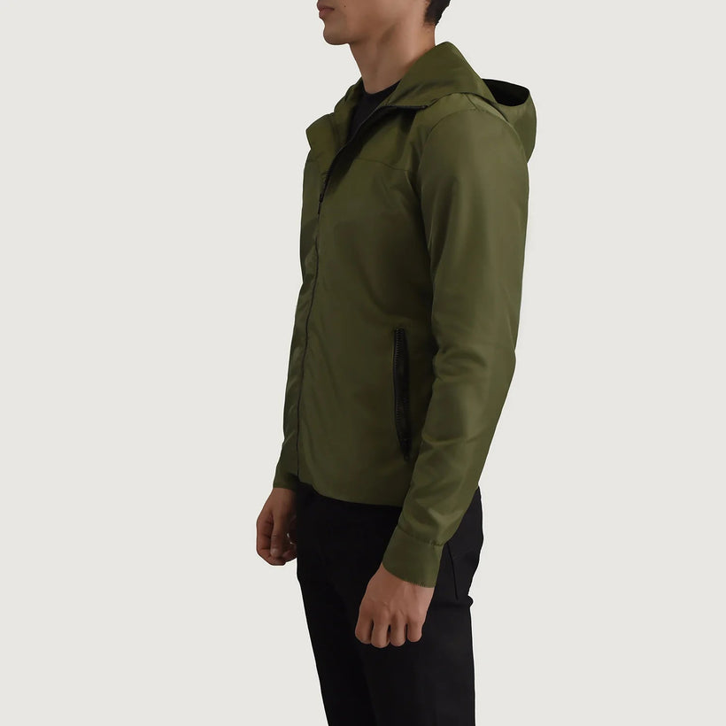Wesley Grænn Hooded Windbreaker Leðurjakki fyrir Karla