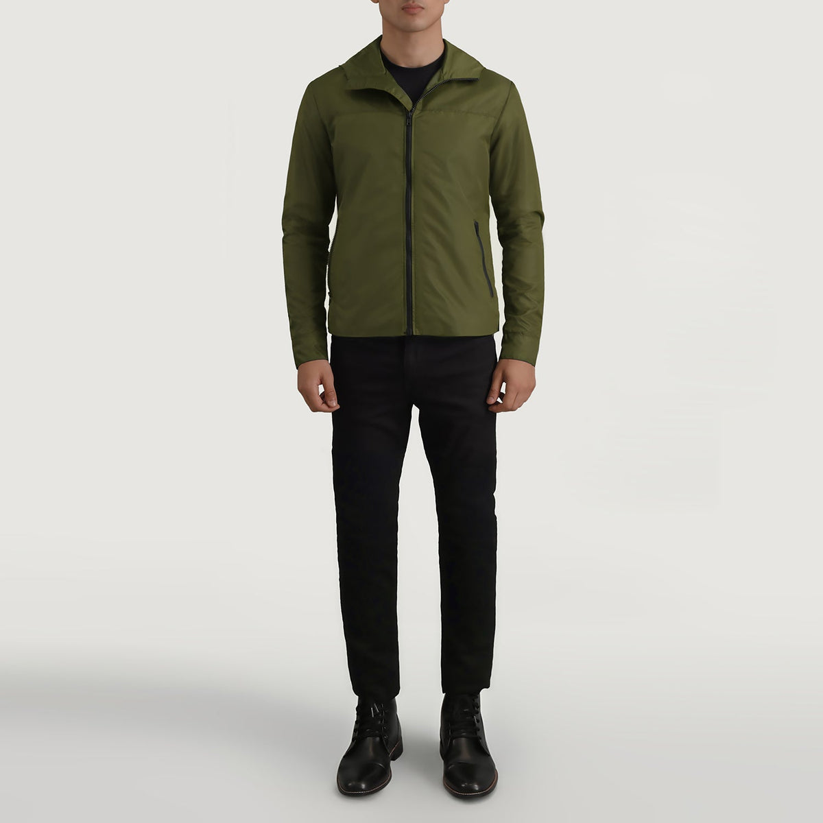 
Wesley Grænn Hooded Windbreaker Leðurjakki fyrir Karla - Hliðarsýn með vinnuvistfræðilegu ermasniði