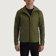 
Nærmynd of Classic Collar & Zipper With Inside Wind Flap. Hardware on Wesley Grænn Hooded Windbreaker Leðurjakki fyrir Karla