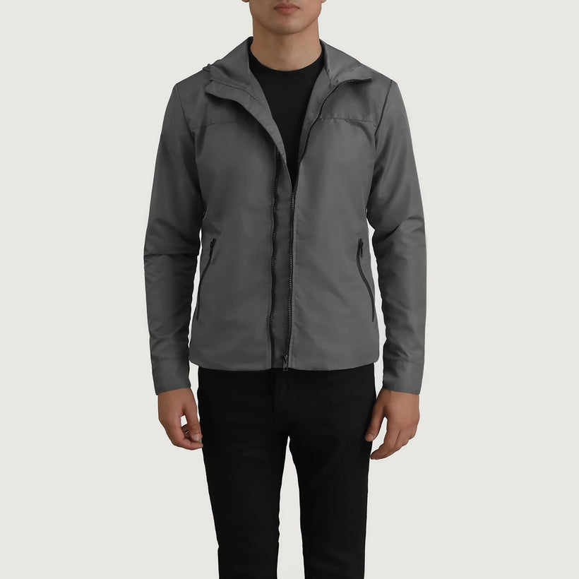 Wesley Grey Hooded Windbreaker Leðurjakki fyrir Karla