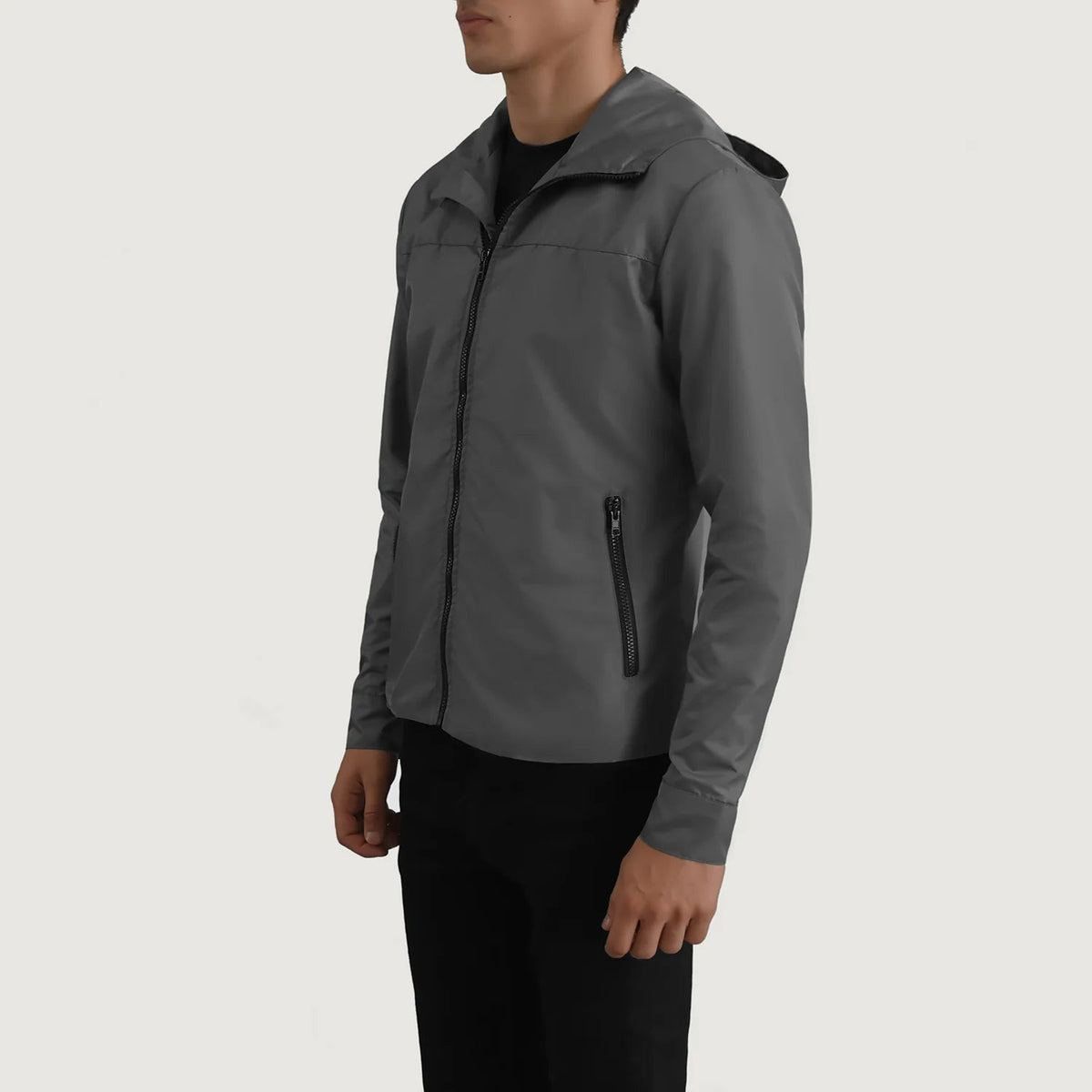 
Grey Full-Grain Leather Hooded Jacket - Að aftan með nákvæmri axlasniði og hreinum fald