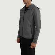 
Grey Full-Grain Leather Hooded Jacket - Að aftan með nákvæmri axlasniði og hreinum fald