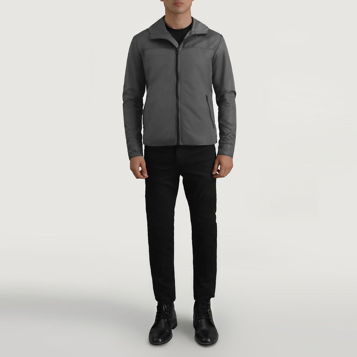 
Wesley Grey Hooded Windbreaker Leðurjakki fyrir Karla - Hliðarsýn með vinnuvistfræðilegu ermasniði