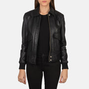 
Westa A-2 Black Leather Bomber Jacket in Black Sheepskin Leather - Að framan með sniðinni hönnun | Kaupa á netinu