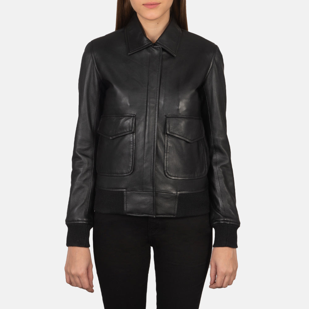 
Nærmynd of Shirt & Zipper with Button Flap Hardware on Westa A-2 Black Leather Bomber Jacket