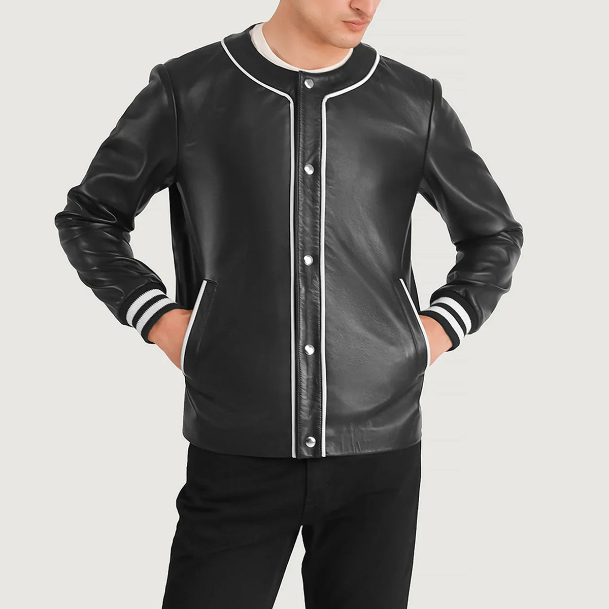 
Nærmynd of Collarless & Snap Button Buttons Hardware on Willis Black Leather Varsity Jacket