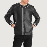 
Nærmynd of Collarless & Snap Button Buttons Hardware on Willis Black Leather Varsity Jacket