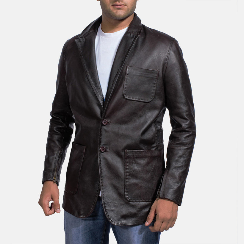 Wine Svartur Leather Blazer fyrir karla