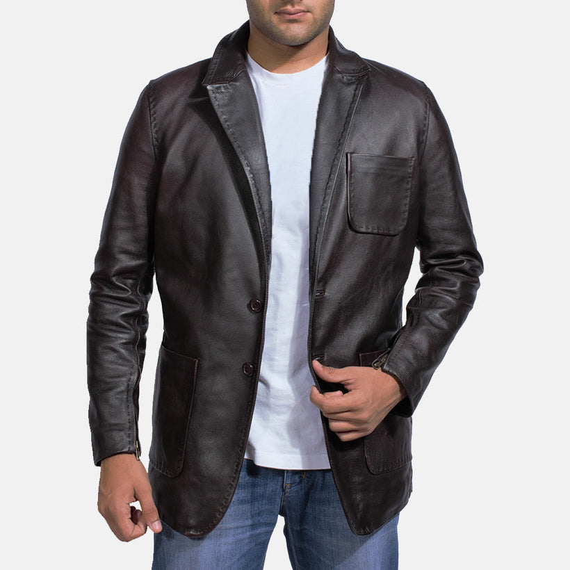 Wine Svartur Leather Blazer fyrir karla