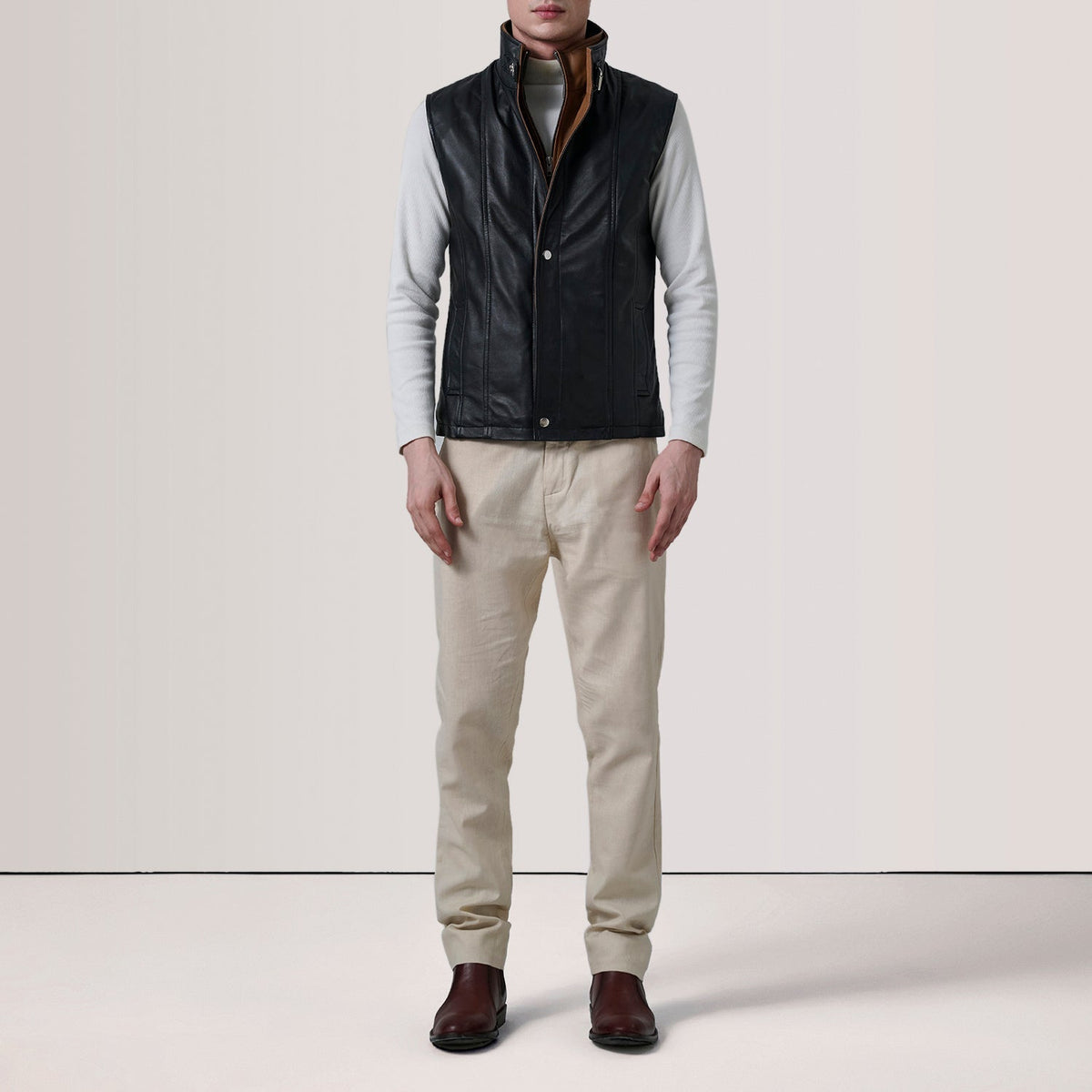 Grey Goatskin Suede Leather Vest - Back View Showing Tailored Shoulder Fit &amp; Clean Hemline