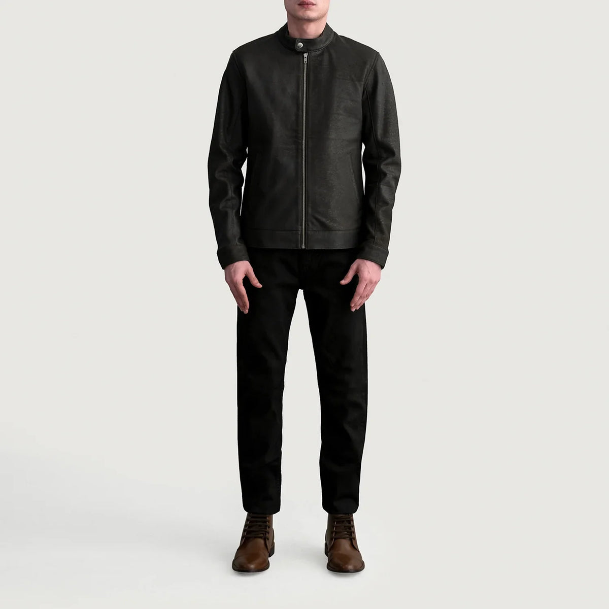 Close-Up Detail of Snap Button &amp; Zipper Hardware on Zen Tumbled Brown Leather Biker Jacket