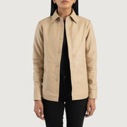 Women's Zenith Beige Leather Shirt Jacket in Beige Sheepskin Leather - Front Profile View & Tailored Silhouette | Buy Online