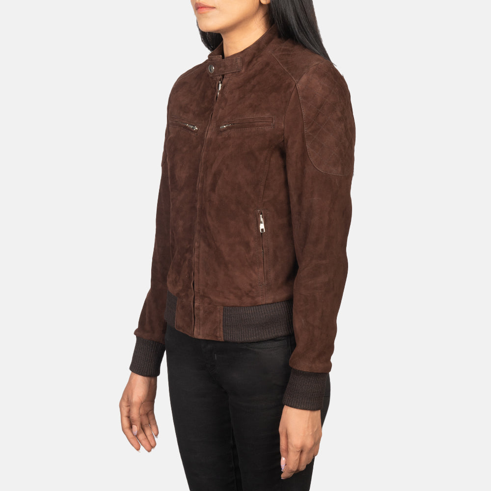 
Brown Goat Suede Bomber Jacket - Að aftan með nákvæmri axlasniði og hreinum fald